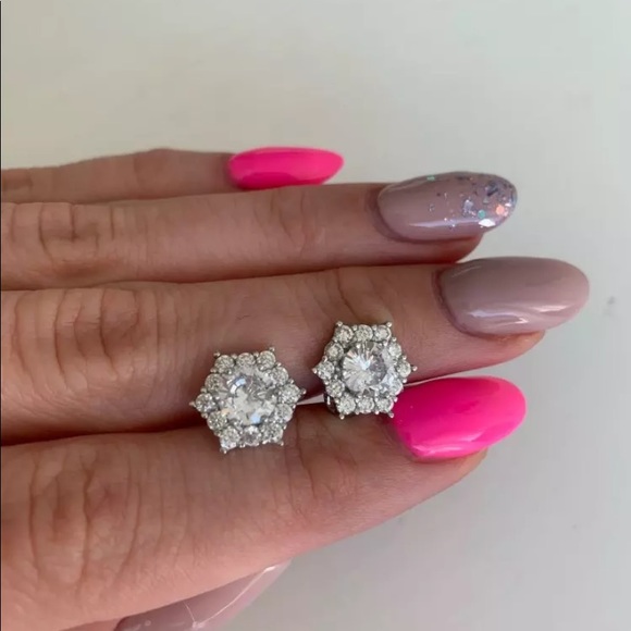 Sterling Silver hexagon CZ Earrings - Picture 2 of 7